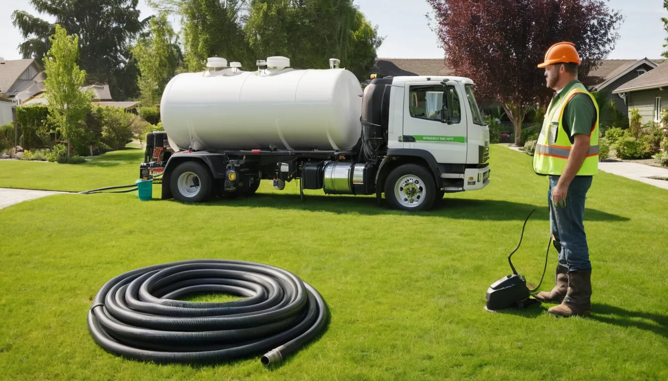 Septic tank pumping truck parked beside a home in Garrettsville while a provider checks the tank lid